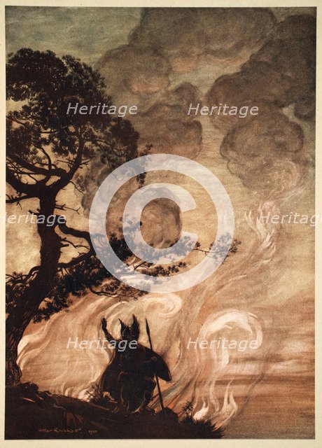 'As he moves slowly away, Wotan turns and looks sorrowfully back at Brunnhilde', 1910.  Artist: Arthur Rackham