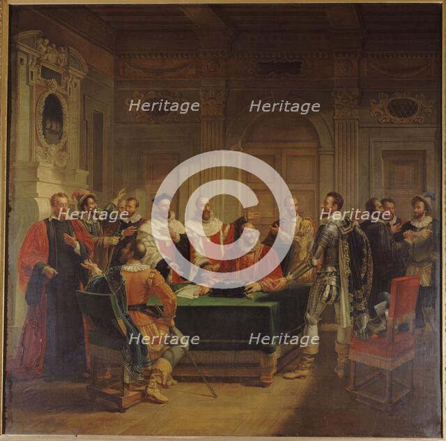 Esquisse pour l'ancien Hôtel de Ville de Paris : Brissac négociant auprès des échevins..., c.1827. Creator: Jean-Baptiste Messier.