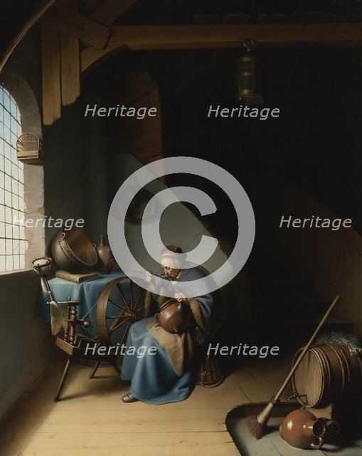 An elderly woman at her spinning wheel, eating porridge.