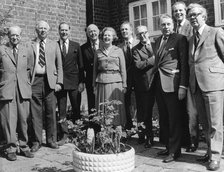 Margaret Thatcher pictured in the garden of her Chelsea home with some colleagues, 23rd April 1979. Artist: Unknown