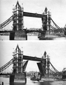 Tower Bridge open and closed, London, 1926-1927. Artist: McLeish