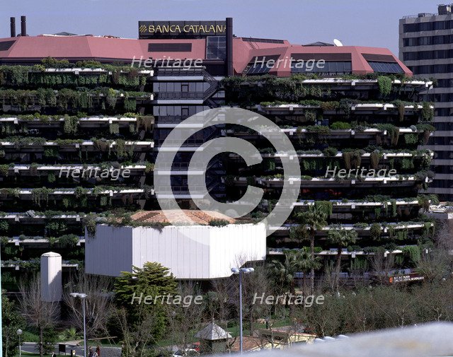 Façade of the building that was the headquarters of the former Banca Catalana (1965-1968) on the …