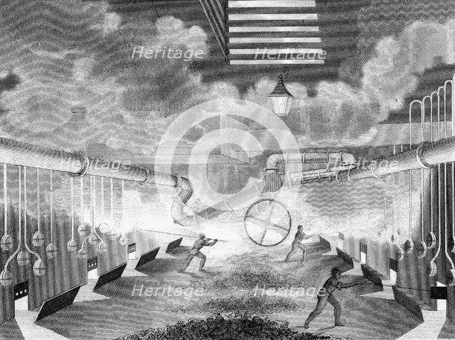 General view of a gas works, showing retorts being charged, 1835. Artist: Charles Partington