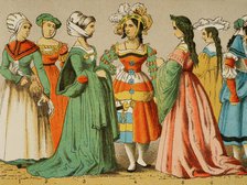 Women's dresses from different social classes, German, 1500-1550, (1881).  Creator: Unknown.