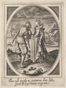 A man steps toward a woman who holds a goblet to her mouth, a watermill and mount..., ca. 1585-1621. Creator: Heinrich Ulrich.