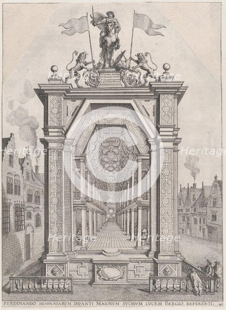 Plate 40: Design for festival architecture honoring the Spanish Prince Ferdinand's triumph..., 1636. Creators: Johannes Meursius, Willem van der Beke.