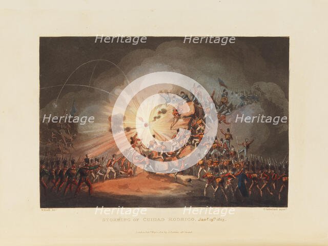 British infantry storm the fortress of Ciudad Rodrigo on January 19, 1812, 1815. Creator: Sutherland, Thomas (1785-1838).