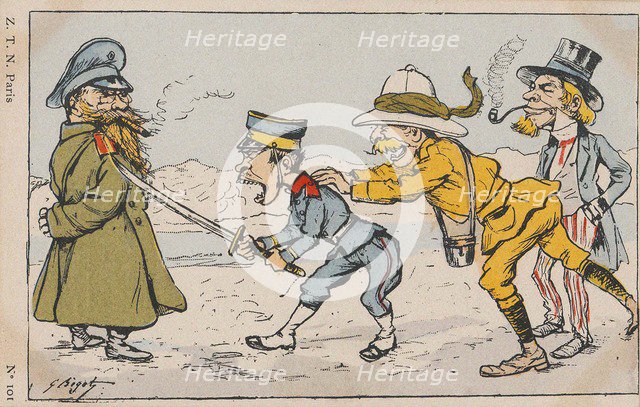 Japanese soldier challenging Russian soldier, urged on by an Englishman and Uncle Sam.