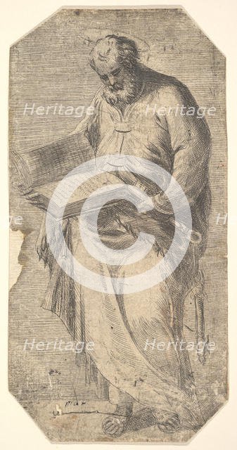 Saint Peter holding a large open book, keys by his side, from 'Christ and the Apost..., ca. 1548-50. Creator: Andrea Schiavone.