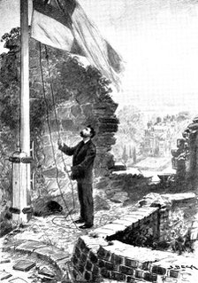 The Death of Mr. Gladstone: hoisting the flag half-mast on the keep, the Old Castle, Hawarden, 1898. Creator: Unknown.