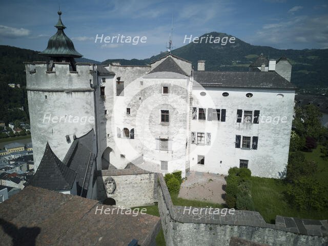 Looking down onto the turret and interior of the Festung Hohensalzburg, 2022. Creator: Ethel Davies.