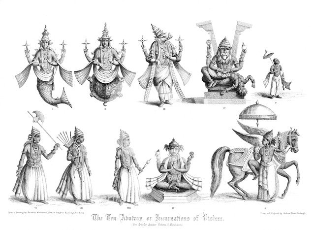 'The Ten Abatars or Incarnations of Vishnu'.Artist: A Thom