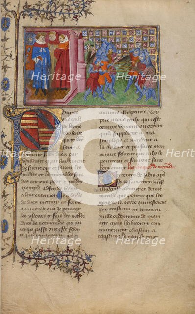 The King of Denmark with Clerics and a Battle Scene; Chronique de Normandie, about 1400-1415. Creator: Unknown.