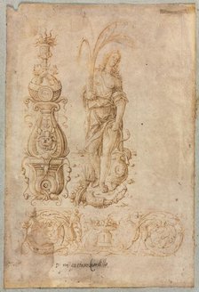Design for a Candelabrum, Allegorical Figure of Abundance, Ornamental Relief Design, c. 1490s. Creator: Bernardo Parentino (Italian).