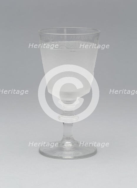 Westward Ho!/Pioneer pattern cordial glass, 1881. Creator: Gillinder & Sons.