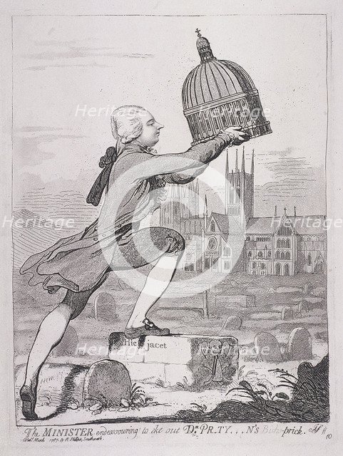 'The Minister endeavouring to eke out Dr Pr-ty---n's Bisho-prick', 1787. Artist: James Gillray