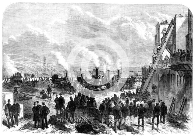The London Fire Brigade at practice on the Thames Embankment, 1868. Creator: Unknown.
