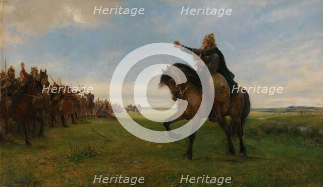 Gissur the old challenges the Huns on behalf of King Angantyr, 1886. Creator: Peter Nicolai Arbo.