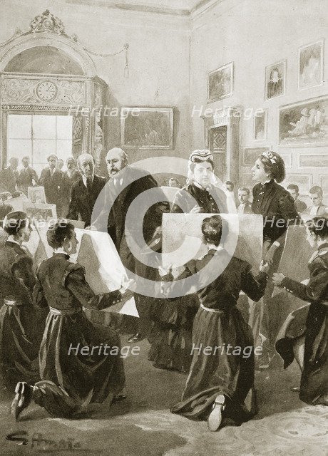Bluecoat schoolboys showing their drawings to Queen Victoria, 3 April 1873 (1901). Artist: Unknown