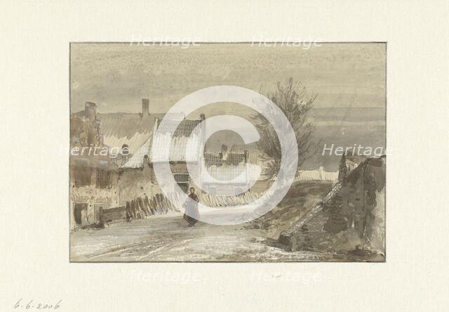 Winter view with a woman standing on the ice, 1829-1866. Creator: Johannes Franciscus Hoppenbrouwers.