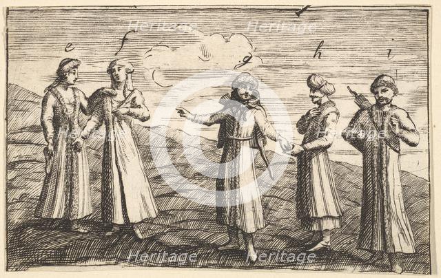 Five Standing Muscovites (Aubry de La Mottraye's "Travels throughout Europe, Asia and i..., 1723-24. Creator: William Hogarth.