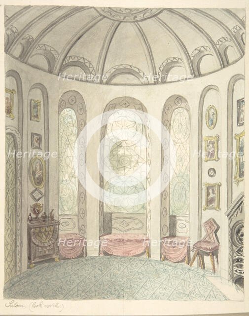 Lea Castle, Worcestershire, Saloon, Looking North, ca. 1816. Creator: Attributed to John Carter.