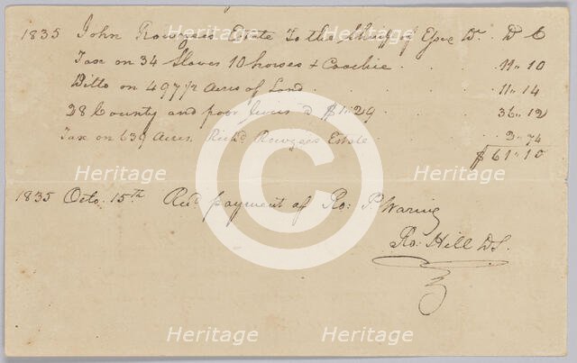 Record of taxes on property, including enslaved persons, owned by John Rouzee, October 15, 1835. Creator: Unknown.