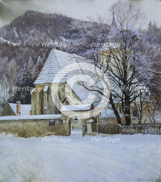 Winter in Rosenthal near Kapellen (Styria) with an old Gothic church, 1915. Creator: Georg Holub.