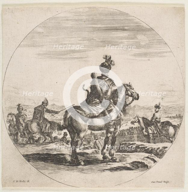 Polish horseman with a bow and arrow, seen from behind with his horse facing right, a ..., ca. 1651. Creator: Stefano della Bella.