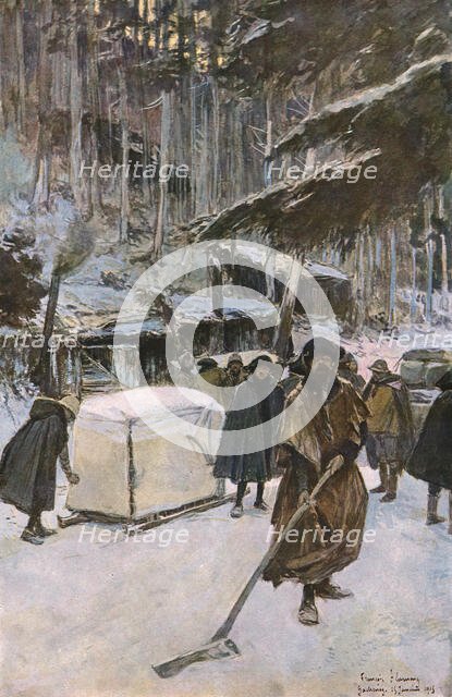 'En Alsace; Arrivee de blesses, en traineau, au poste de secours', 1915. Creator: Unknown.