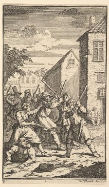 Hudibras Vanquished by Trulla (Seventeen Small Illustrations for Samuel Butler's Hudibr..., 1721-26. Creator: William Hogarth.