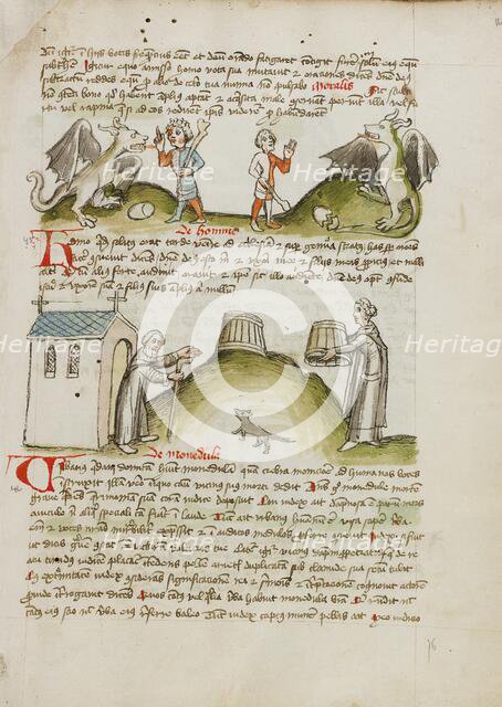 A Dragon and a Farmer with a Club: A Hermit before a Chapel and a..., third quarter of 15th century. Creator: Unknown.