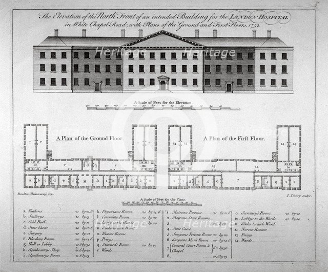 Elevation of the north front and plans of London Hospital, Whitechapel, London, 1752. Artist: John Tinney