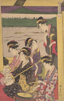 A Party of Geisha in a Suzumi-bune, i.e. "cooling-off boat." (Second Scene of a Boatin..., ca. 1796. Creator: Eishosai Choki.