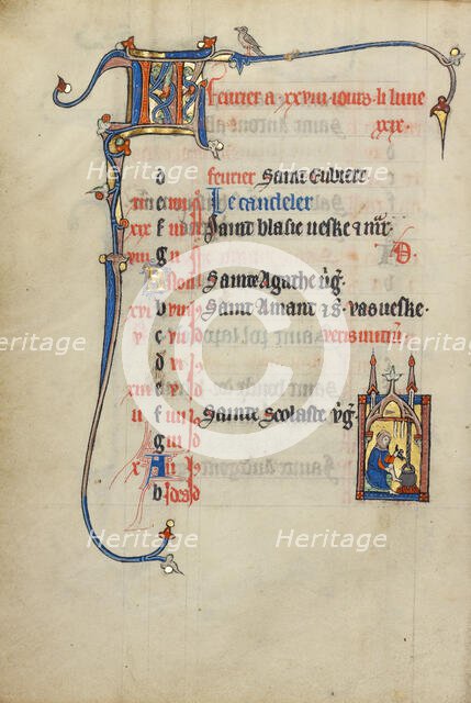 Calendar Page for February; Keeping Warm; Ruskin Hours, about 1300. Creator: Unknown.