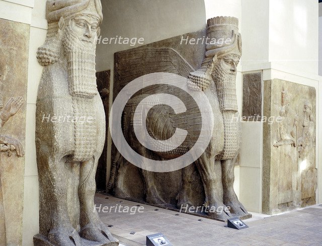 Assyrian sculptures of human-headed winged bulls at the palace gateway, Khorsabad, c8th century BC. Artist: Unknown