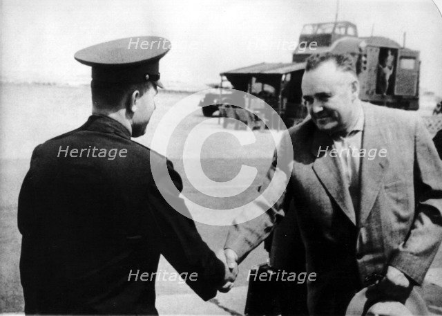 Russian cosmonaut Yuri Gagarin and rocket engineer Sergey Korolyov, 1961. Artist: Unknown