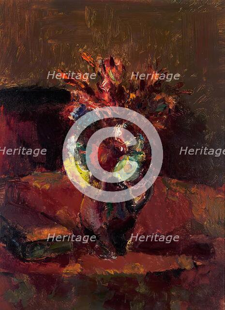 Flower bouquet with red tablecloth, 1913. Creator: Anton Faistauer.