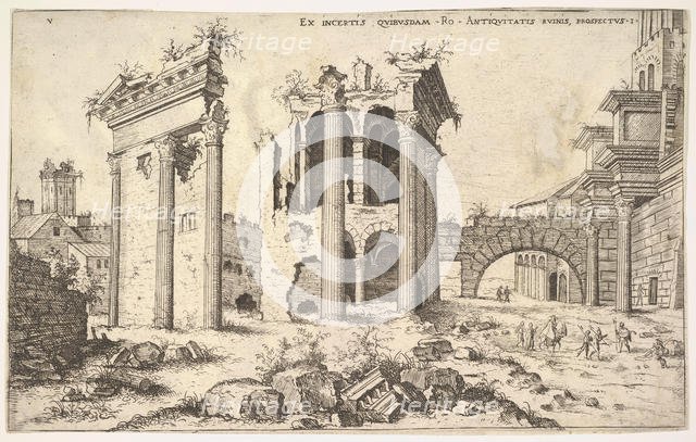 View of unidentified ruins with trabeated facade at left, arcades at center, and arch at r..., 1551. Creator: Hieronymus Cock.