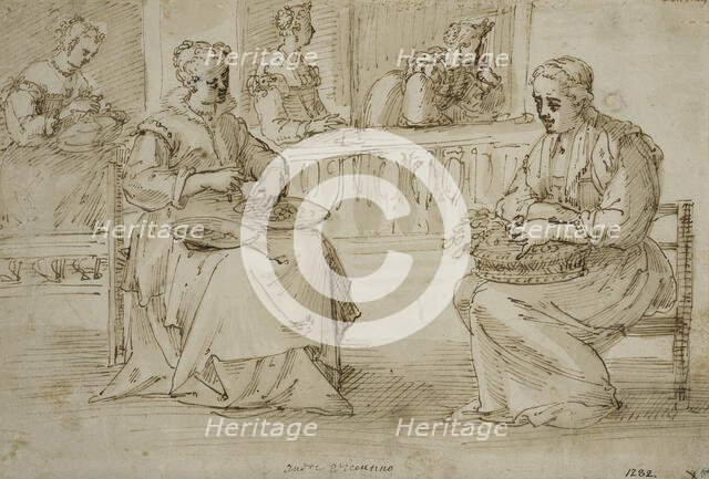 Two women with bowls in their laps sit on a terrace. Creator: Pietro Liberi.