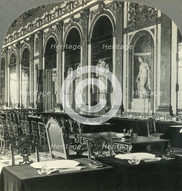 'Galerie des Glaces, Showing Table where Peace Treaty Was Signed, Versailles, France', c1930s. Creator: Unknown.