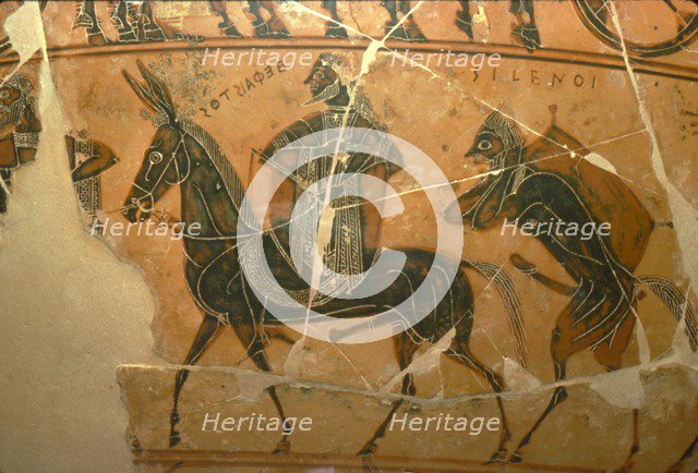 Detail of Francois Vase, Hephaestus, on a mule, followed by Silenus, c6th century BC. Artists: Ergotimos, Kleitias.