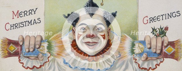 Christmas card; clown pulling a cracker, early 20th century. Artist: Unknown