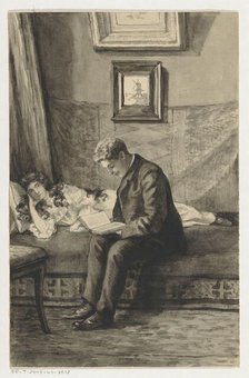 Young man reading to a girl, 1905 or earlier.  Creator: Anna Maria Kruijff.