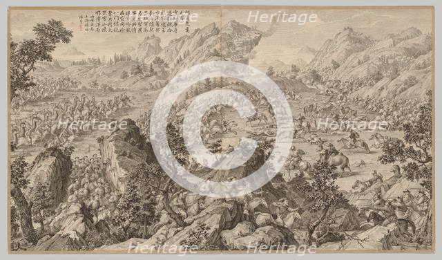 Battle at Aerchuer: from Battle Scenes of the Quelling of Rebellions..., c. 1765-1774; poem dated 17 Creator: Jean Damascene Sallusti (Italian, d. 1781).