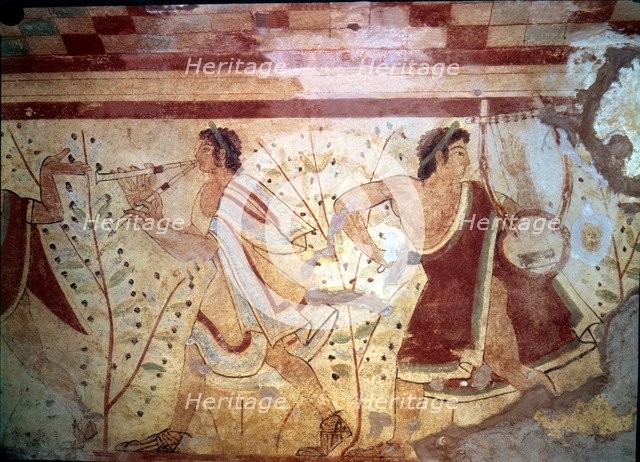 Burial chamber of the necropolis of Tarquinia, mural painting with the representation of two musi…
