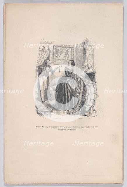 New Actaeon, I surprised Diana, not in her bath but with a dealer in the bathroom. from th..., 1843. Creators: Jean Ignace Isidore Gerard, Brugnot.