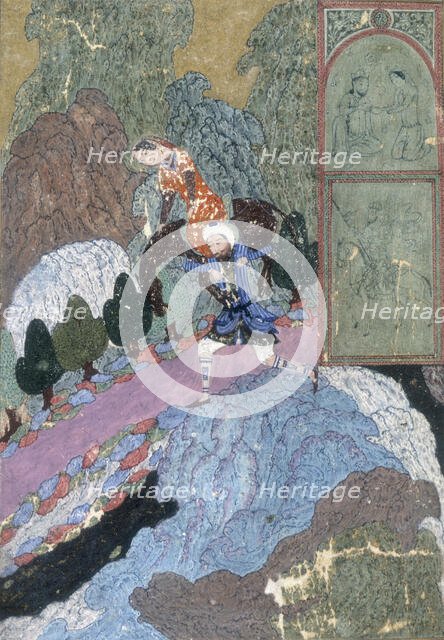 Farhad carrying Shirin and her horse across the stream, c1410-c1411.  Creator: Unknown.