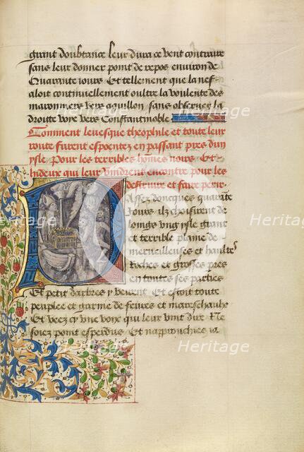 Initial P: The Ship of Bishop Theophilus Sailing Near an Island Inhabited by Wild..., about 1465-70. Creators: Master of the Brussels Romuléon, Workshop of the Master of the Brussels Romuléon.