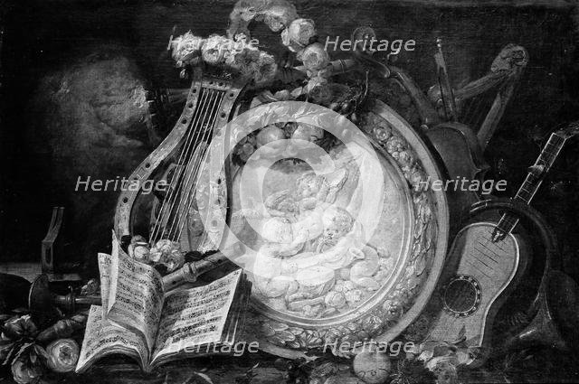 Putti Musicians in a Medallion, Surrounded by Musical Attributes, Flowers, and Fruit, 18th century. Creator: Unknown.